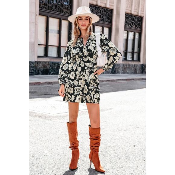 Cupshe Black & White Floral Blouson Sleeve Mini Dress- NWT - M - Picture 2 of 6